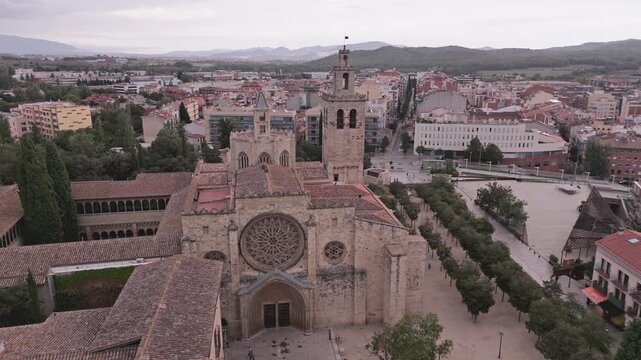 Drone flying towards the monastery of sant cugat del valles