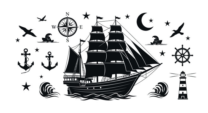 Sailing Ship with Nautical Symbols.