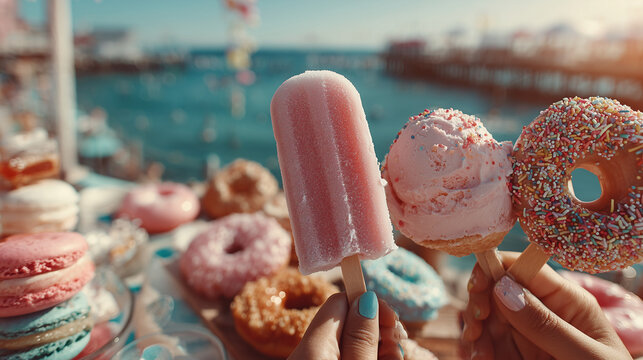 A close-up of hands holding a pink popsicle, strawberry ice cream, and a sprinkle-covered donut on a stick against a sunny beach background with macarons and more donuts by the ocean pier