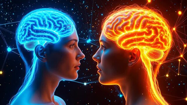 Two faces with glowing brains in space