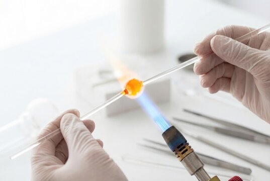 Glassblower shaping a piece of hot glass over a gas torch flame in a workshop