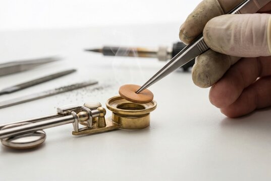 Repairman hands using tweezers to carefully place a new leather pad into a heated flute key