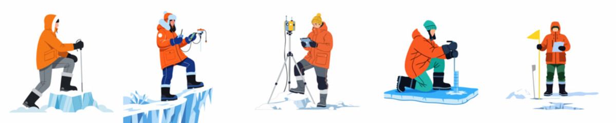 Vector illustration of scientists and explorers in polar winter clothing conducting research, ice drilling, and surveying in an arctic environment. © Limo