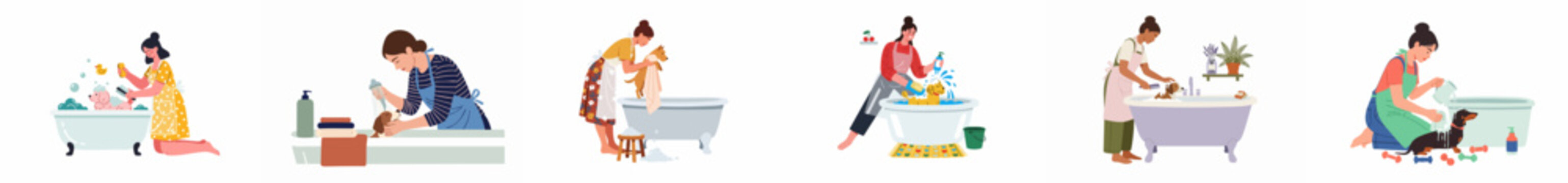 Set of illustrations featuring women washing and grooming different dog breeds in bathtubs, showcasing pet care and hygiene.