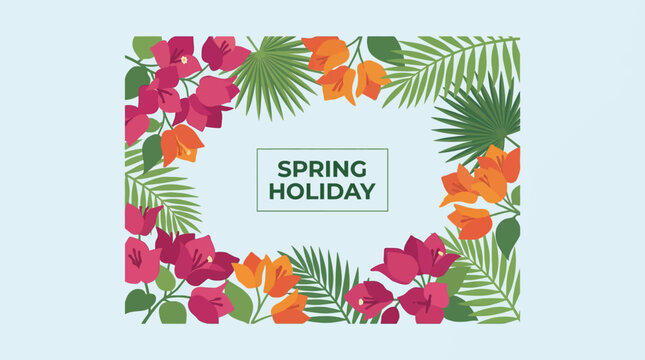 Beautiful botanical frame of bougainvillea and palm leaves for spring holiday posters
