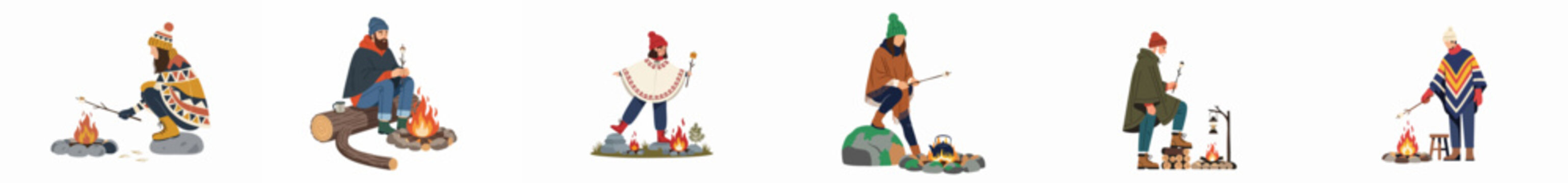 Set of diverse people in winter clothing roasting marshmallows over campfires, flat vector illustrations on a white background.