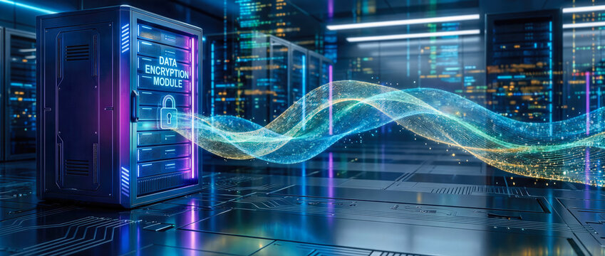 Data encryption module in a modern server room. Glowing particle wave flowing from a secure server rack.