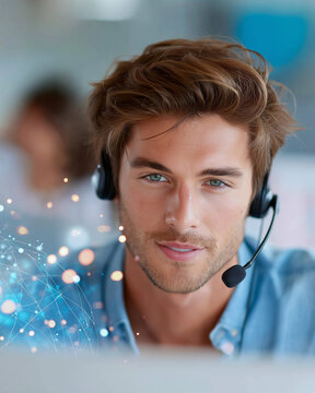 Tech Support Professional: A close-up shot of a customer service representative is at work, headset and a focused expression, conveying helpfulness and expertise.