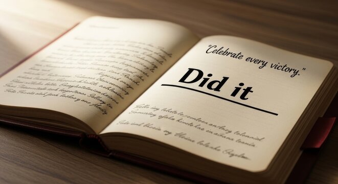 Open Diary With Accomplishment Entry Celebrate Success