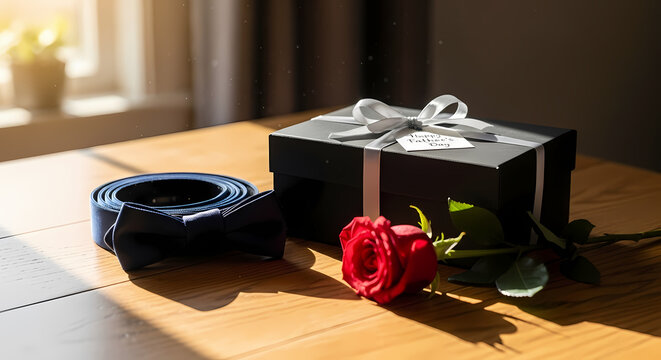 A romantic setup with a gift box, a red rose, and a blue tie on a wooden table by the window with na
