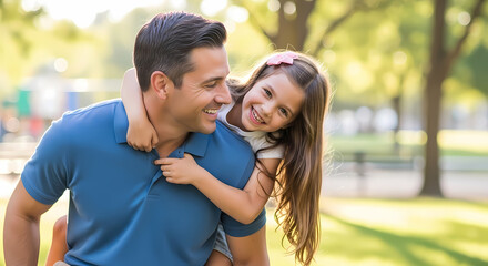 Obraz premium A man carrying a girl on his back in a park on a sunny day outside outdoor scene family moment park