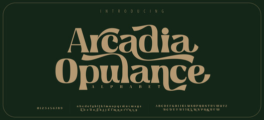 Naklejka premium Arcadia Opulance Elegant alphabet letters font logo. Typography luxury classic lettering serif italic fonts decorative wedding vintage retro logos. vector illustration