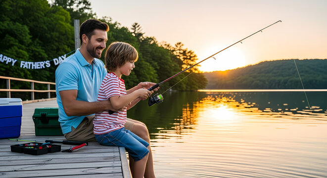 A man and a young boy fishing on a dock at sunset together happily father and son fishing together s