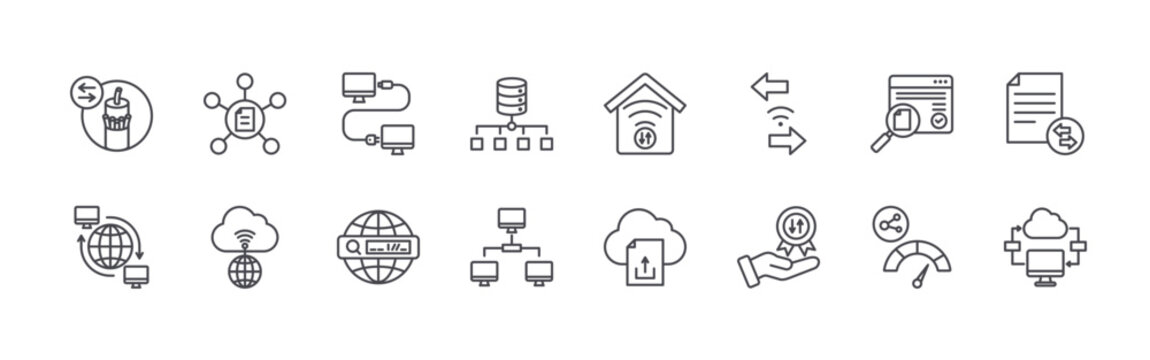 set of 16 thin line data transfer icons including fiber optic, wan, hub, isp, cable connection, http, load balancing, lan, home internet. editable stroke vector illustration isolated on