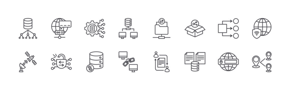 set of 16 thin line data transfer icons including topology, satelite, dns, decryption, file management, database, database network, broken link, ftp. editable stroke vector illustration