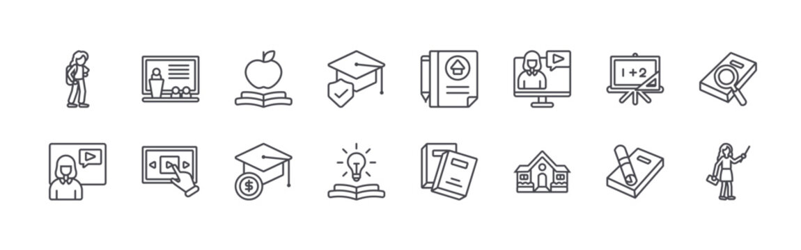 set of 16 thin line education icons including student, mentor, lecture, elearning, education, scholarship, academic, knowledge, homework. editable stroke vector illustration isolated on white
