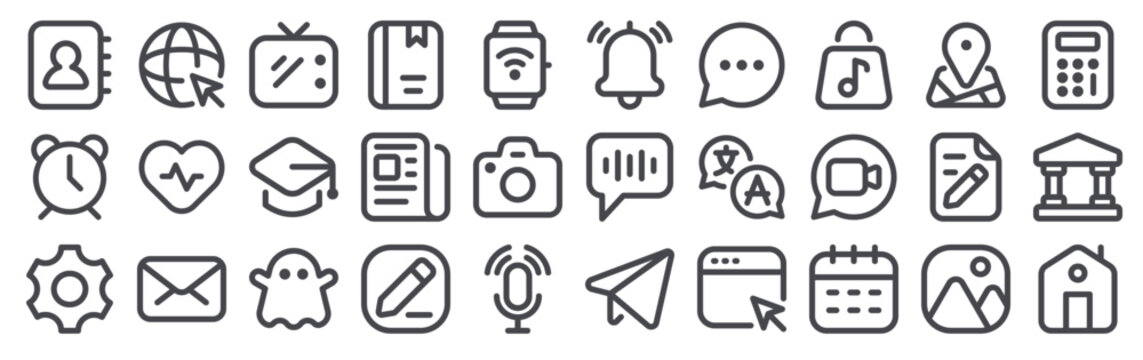 Set of 30 line homescreen thin stroke web icons including contact, mail, podcast, book, translate, calendar, camera, music, news, calculator in outline vector format