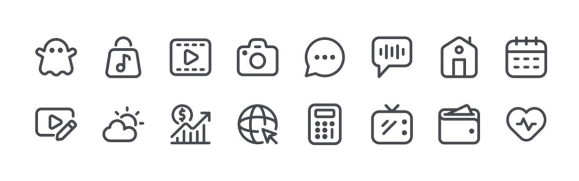 set of 16 thin line line homescreen icons including ghost, video editing, music store, weather, movie, stock exchange, camera, browser, speech bubble. editable stroke vector illustration