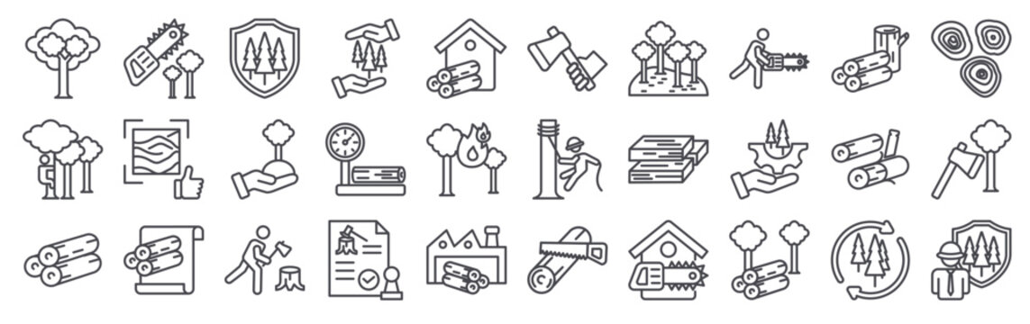 Set of 30 lumberjack and forestry thin line vector icons including tree, logging, chainsaw, axe, sawmill, wood, timber, conservation, and debarking hine