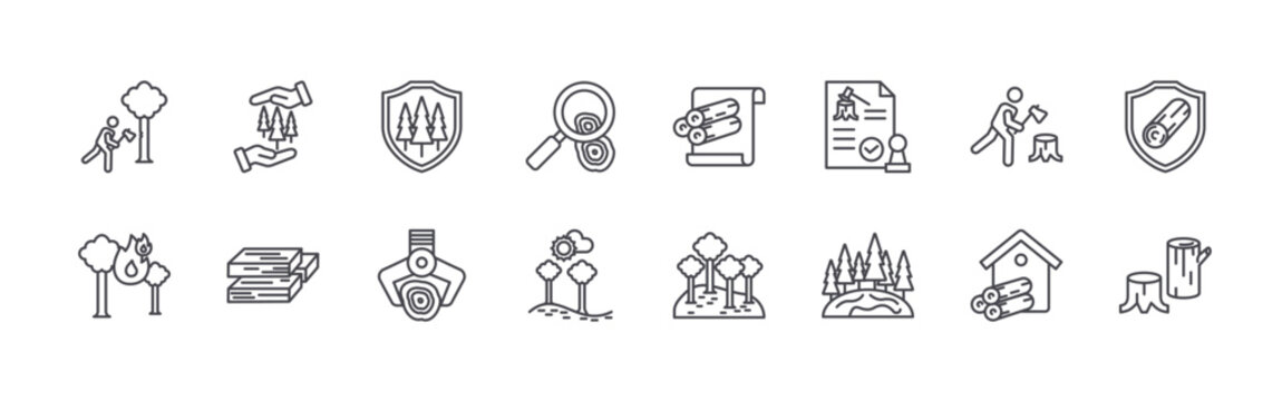set of 16 thin line lumberjack icons including logging, forest fire, forest conservation, wood, preservation, loader, timber, forest, pulp. editable stroke vector illustration isolated on white