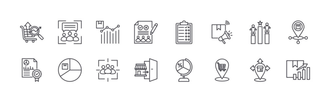 set of 16 thin line market research icons including market analysis, data quality, focus group, segmentation, product sales, focus group, customer survey, market entry strategy,