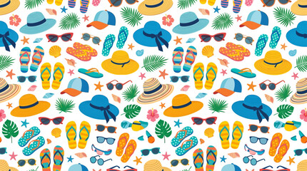 Colorful Summer Beach Pattern Featuring Hats, Shells, Turtles and Tropical Icons. © Siti