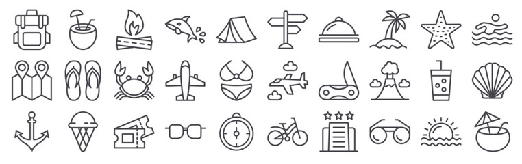 Set of 30 vacation thin line web icons including backpack, sunglasses, compass, shark, knife, soda, ice cream, travel and summer activities in editable stroke vector format © Jonas