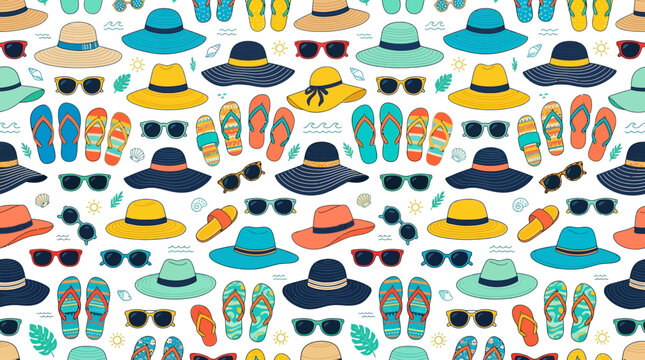 Seamless pattern of summer hats, sunglasses, sandals and flip flops on white background.