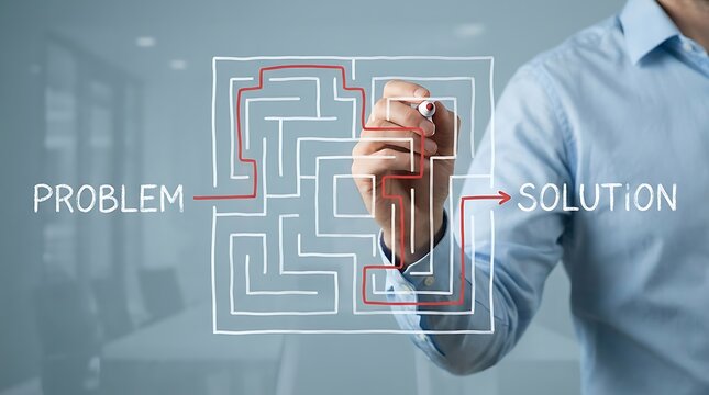 Businessman draws a red line path through a white maze diagram connecting the labeled 'Problem' to the labeled 'Solution'.