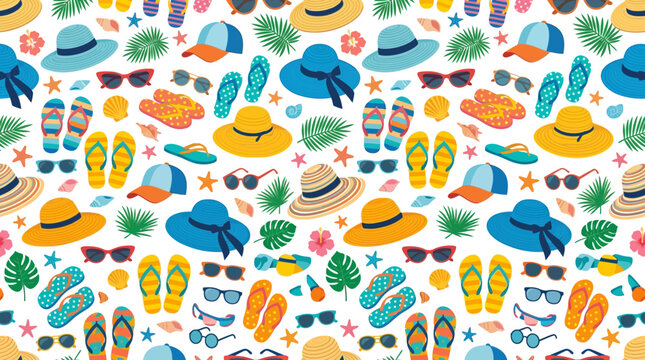 Colorful Summer Beach Pattern Featuring Hats, Shells, Turtles and Tropical Icons.