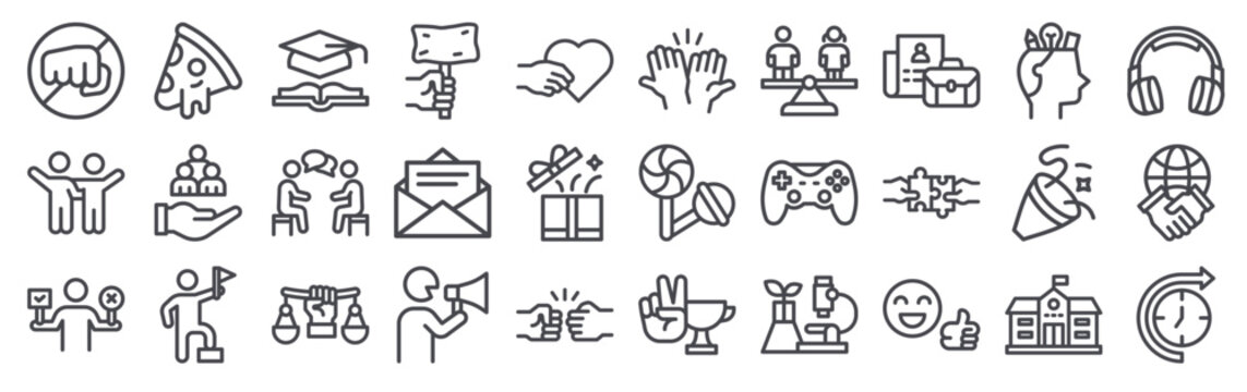 Set of 30 youth day thin line web icons including activism, friendship, celebration, education, diversity, equality, volunteering, creativity and social themes