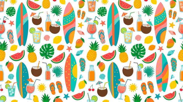 Vibrant tropical pattern featuring surfboards, fruits, and lush leaves for seamless background design.