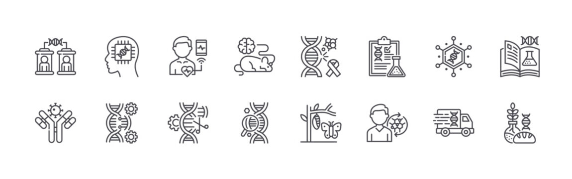 set of 16 thin line biology technology icons including cloning hine, antibody, chip, biotechnology, biosensor, gene editing, optogenetics, dna search, dna. editable stroke vector