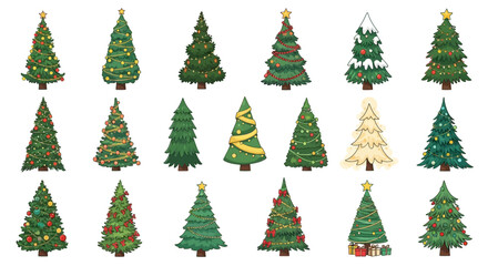 Obraz premium Different Christmas tree set. PNG Variety of illustrated evergreen trees, element set on transparent background