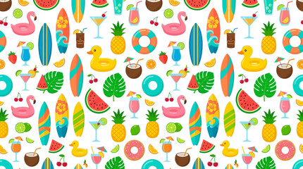 Vibrant tropical beach pattern featuring surfboards, fruits, and playful summer icons. © Siti