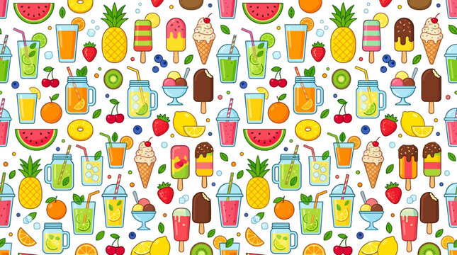 Colorful Pattern of Assorted Drinks and Smoothies in Playful Illustrations.