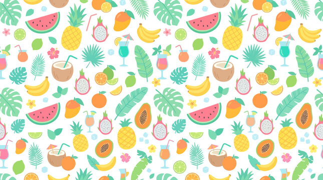 Seamless pattern of colorful tropical fruits with leaves and citrus motifs.
