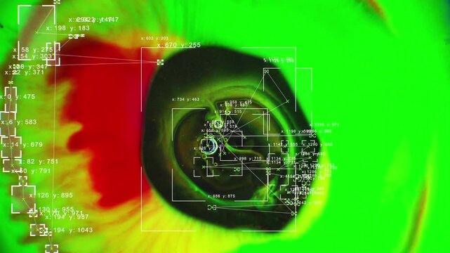 Computer Vision with Object Recognition Scanner Overlay. Big Data. CCTV AI Interface Scanning. Blob Tracking Lines, Coordinates, Bounding Boxes. Plexus style connections. Flowing Green Neon Paint