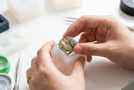 Artisan carefully taking a handmade clear resin keycap with a koi fish diorama out of a silicone mold