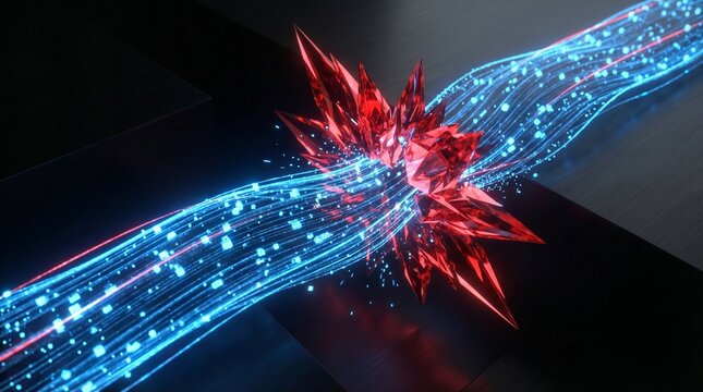 Abstract 3D concept of red cyber threat intercepting blue data stream