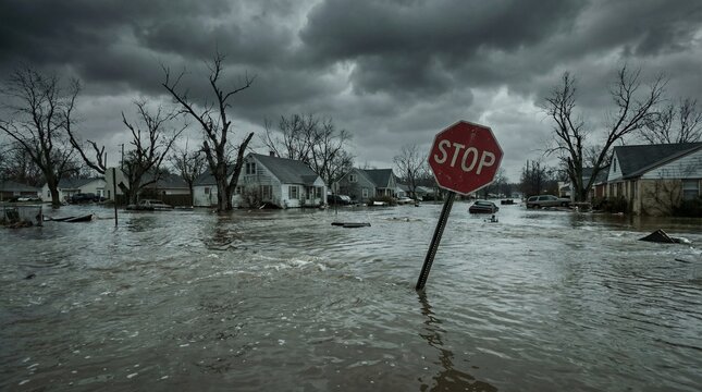 Concept of flooded suburban intersection with submerged stop sign