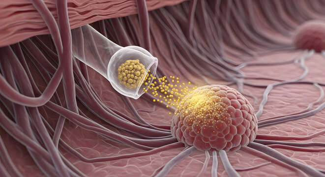 Microscopic view of nerve fiber releasing chemical signal molecule to target cell within human body tissue