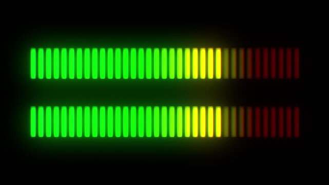 Dynamic Green Horizontal audio spectrum equalizer bars. Pulsing music visualization on black background. Digital frequency equalizer sound signal visualization. Frequency level indicator