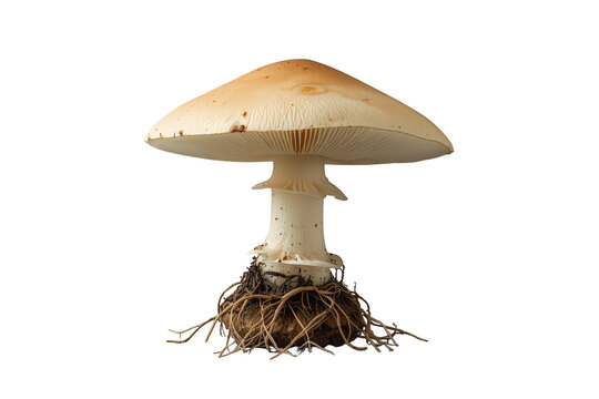 Mushroom with mycelium and gills, showing fungi biology, nature, growth, and edible or toxic concept on transparent background