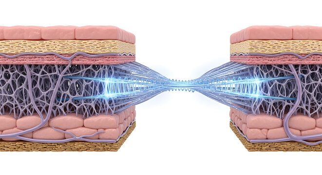 Human skin anatomy cross section collagen protein fiber matrix basement membrane dermis layer scientific visualization medical illustration