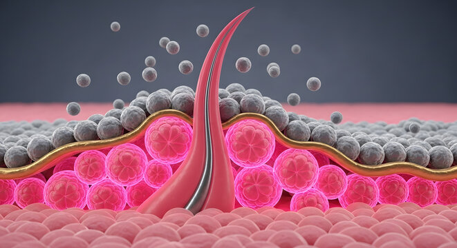 Microscopic hair follicle pore surface gray cell layer pink dermis tissue structure healthy anatomy medical illustration