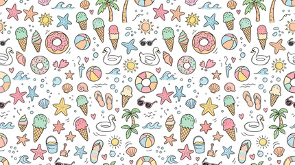 Colorful seamless summer beach doodle pattern with tropical icons. © pixel*