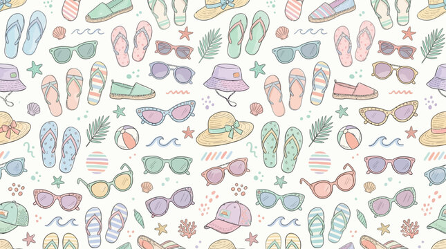 Seamless pastel beach pattern with flip-flops hats and shells.