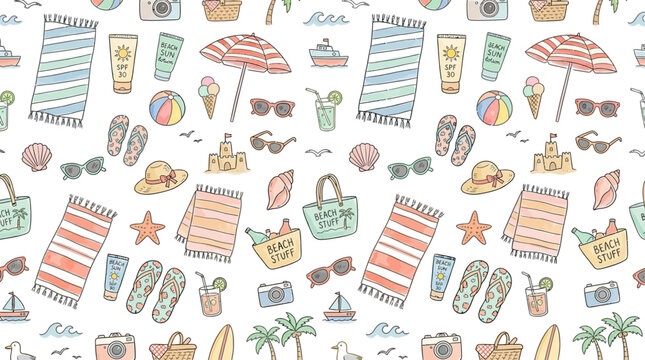 Seamless summer beach pattern with colorful vacation essentials and playful motifs.