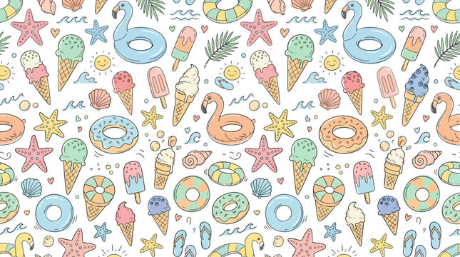 Seamless pastel summer beach pattern with playful icons and treats.